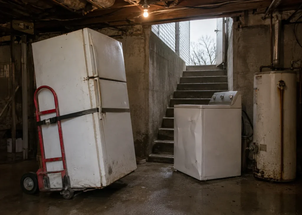 Old refrigerator on a hand truck next to a washing machine and water heater in a basement