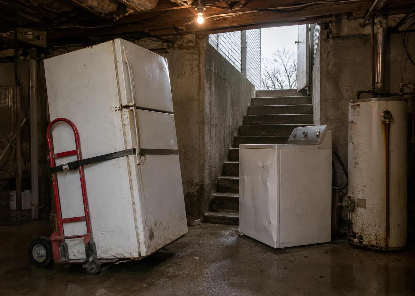 Old refrigerator on a hand truck next to a washing machine and water heater in a basement