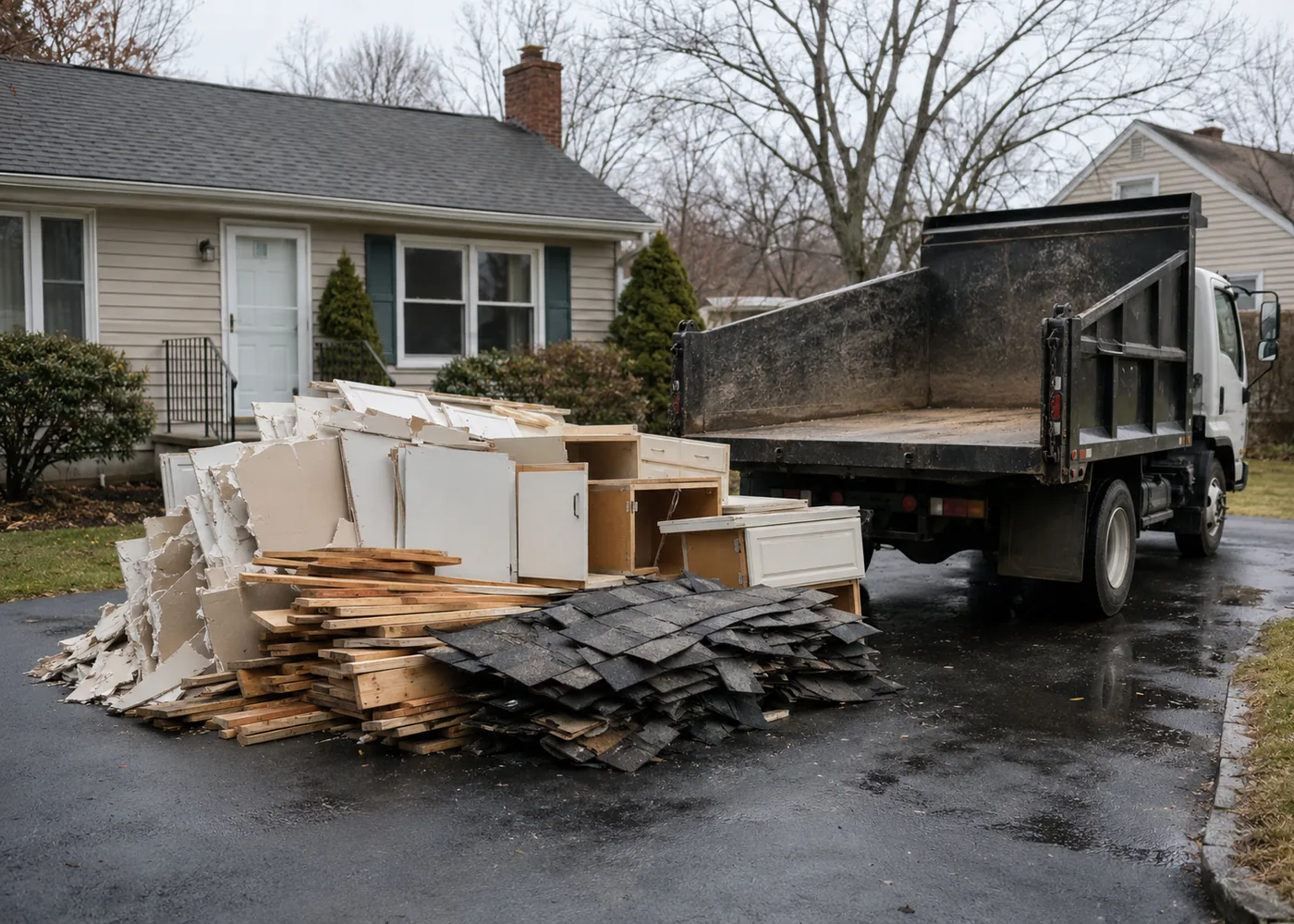 North Shore Junk Co. dump truck loaded in a Danvers driveway after a debris cleanout