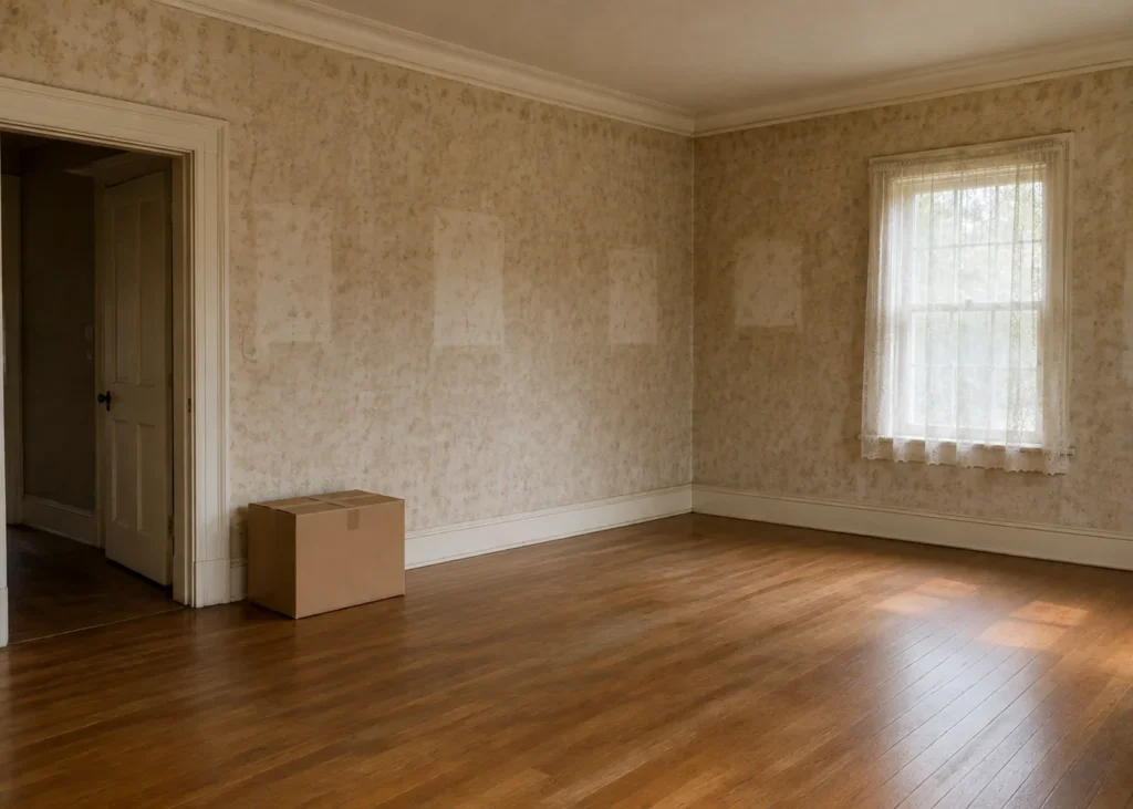 Emptied living room with bare hardwood floor and a single cardboard box after an estate cleanout