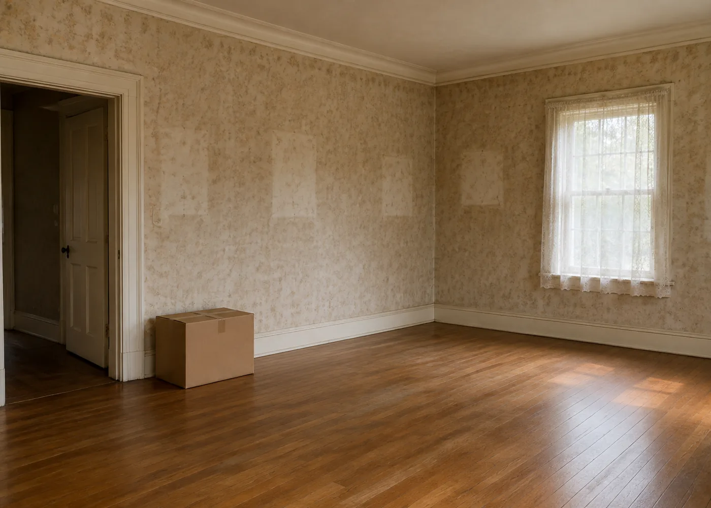 Emptied living room with bare hardwood floor and a single cardboard box after an estate cleanout