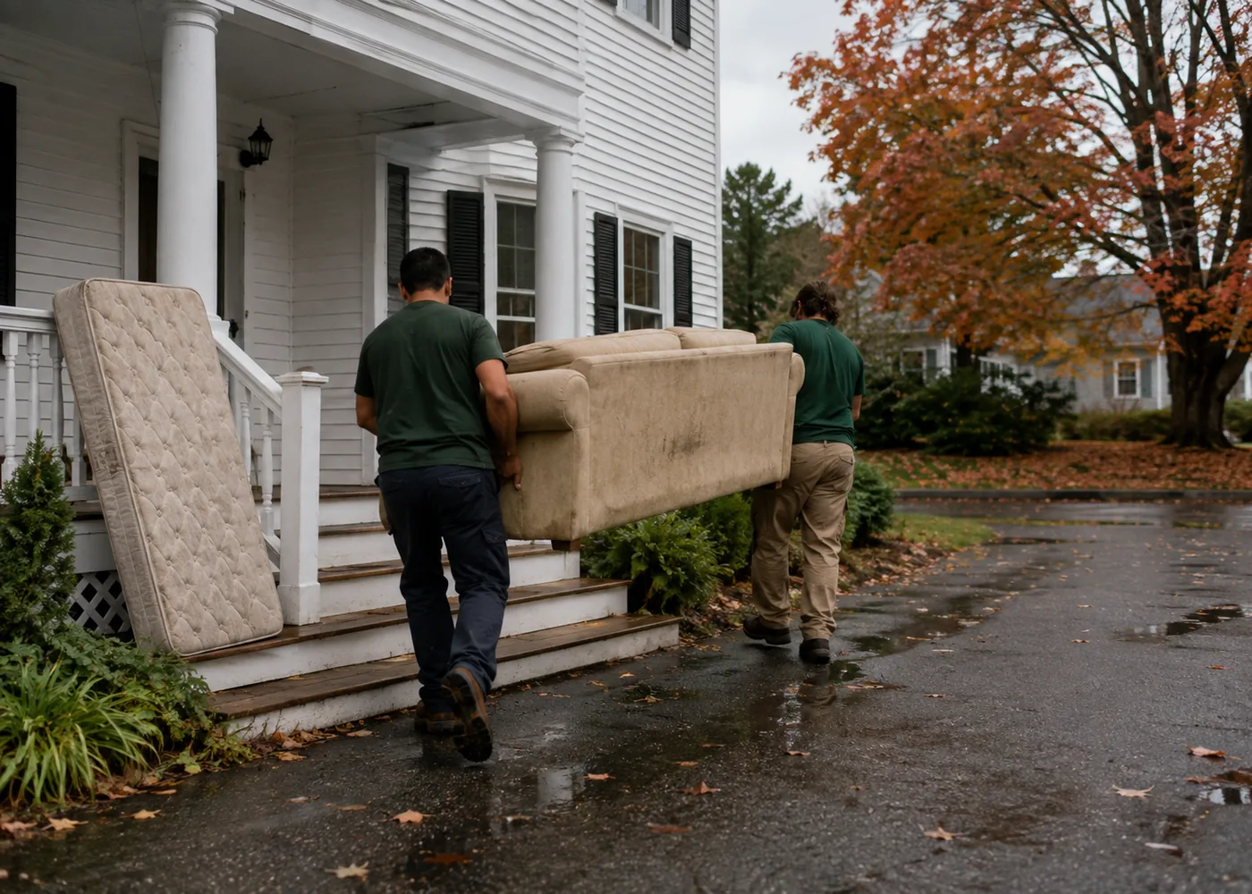 Two workers carrying an old sofa down the front steps of a New England home, mattress leaning on the porch
