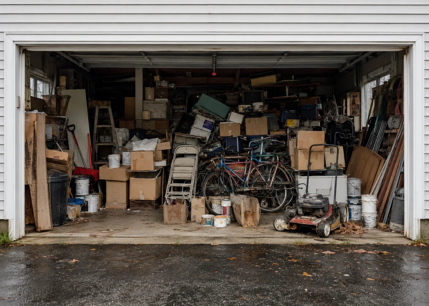 Two-car garage packed with boxes, bicycles, paint cans and a lawn mower before a cleanout