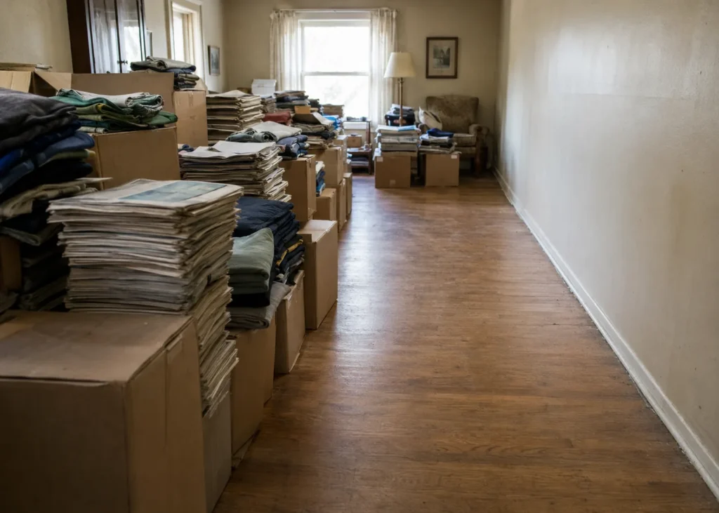 Stacks of boxes and folded clothing beside a cleared path through a room