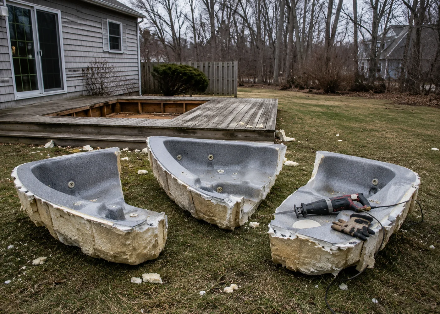 Hot tub cut into three sections on a backyard lawn beside a wooden deck
