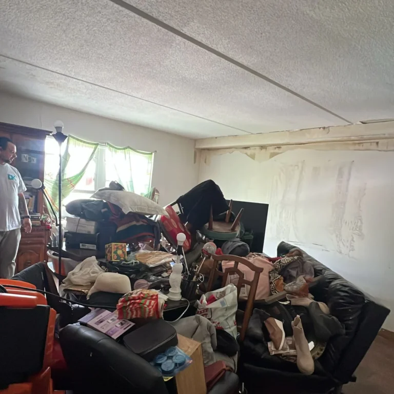 Living room packed with furniture, boxes and bags before a cleanout