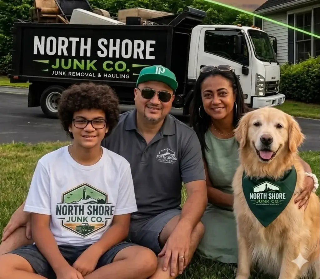 Family and a golden retriever sitting on the grass in front of the North Shore Junk Co. dump truck